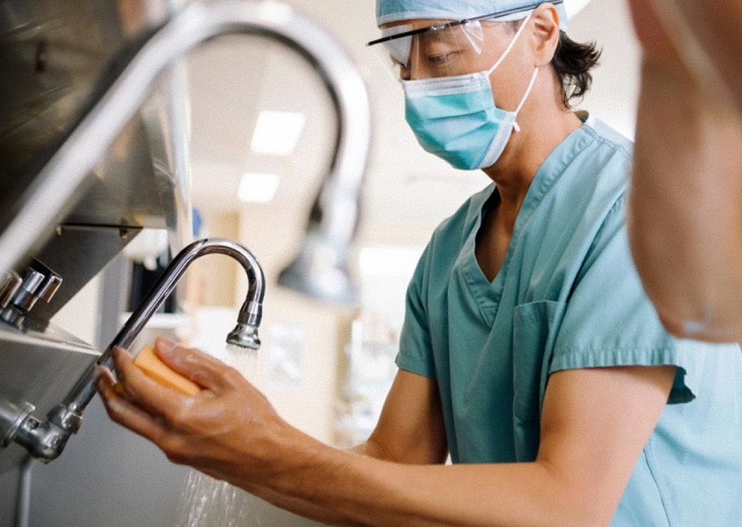 A close up of a Caucasian male surgeon scrubbing his hands with soap at a scrub sink in preparation for a surgical procedure.